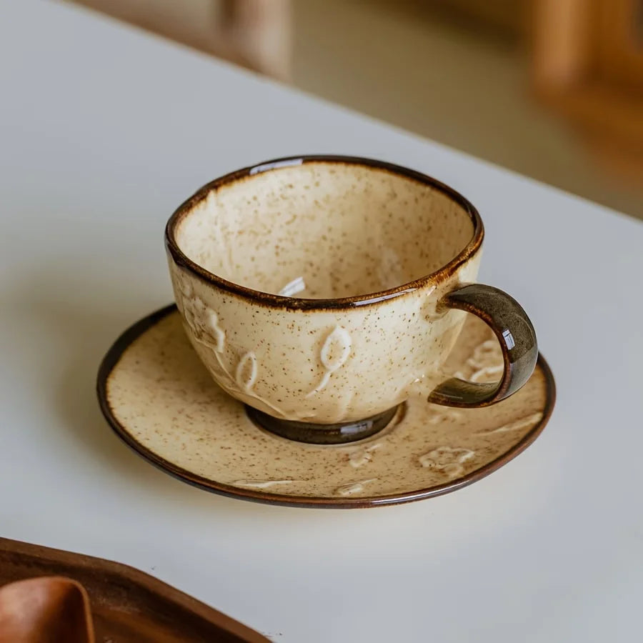 Crop 180ml Ceramic Coffee Cup and Saucer in dark brown and beige sand ceramic finish