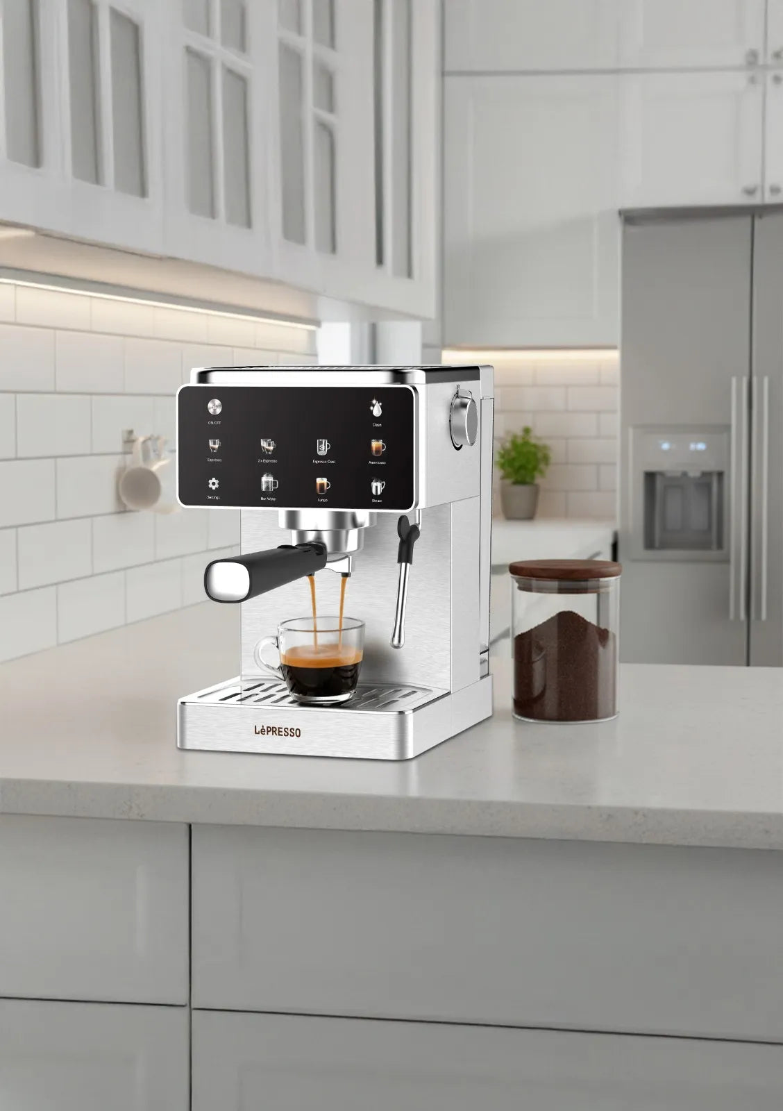LePresso Macchina Di Lusso stainless steel espresso machine with steam wand and digital interface