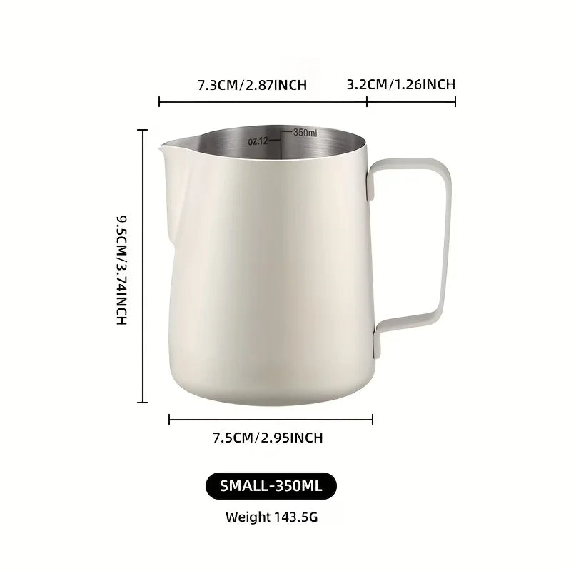 The file Crop_350ml_Stainless_Steel_Milk_Pitcher_White.webp shows a matte white 350ml premium 304 stainless steel coffee milk pitcher featuring an ergonomic handle and a precision pour spout.