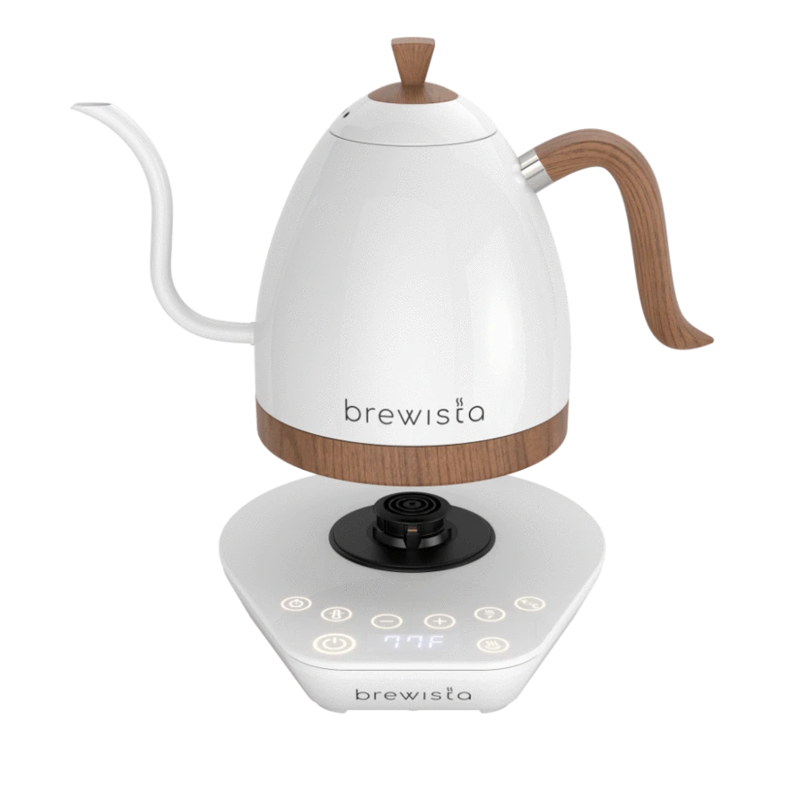Brewista 600ml Artisan Gooseneck Kettle in Pearl White with white base and temperature control display
