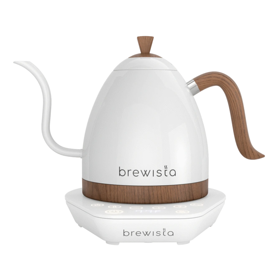 Brewista 600ml Artisan Gooseneck Kettle in Pearl White with white base and temperature control display