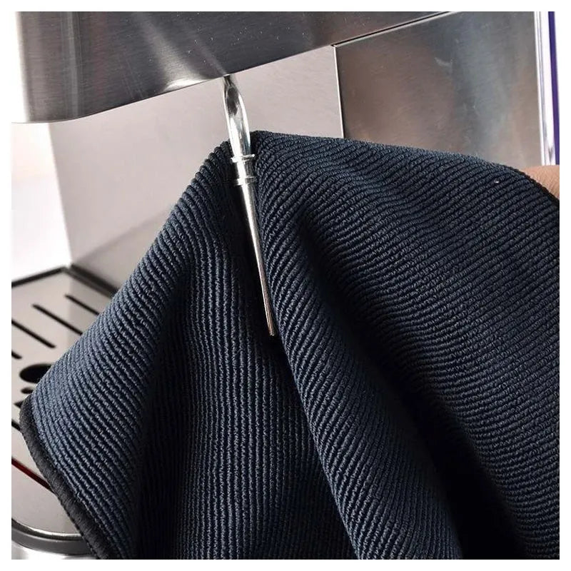 A high-quality 30x30cm Crop barista cleaning towel made of premium microfiber, available in black and grey for coffee stations.