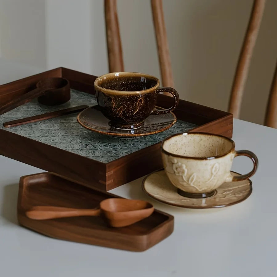 Crop 180ml Ceramic Coffee Cup and Saucer in dark brown and beige sand ceramic finish