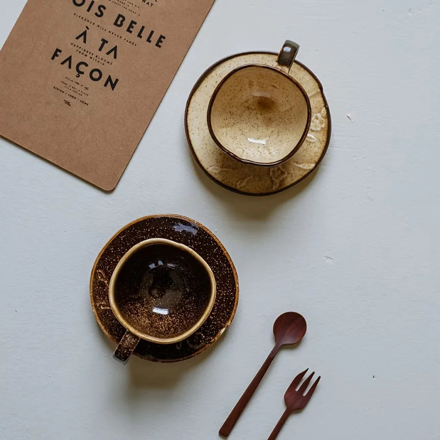 Crop 180ml Ceramic Coffee Cup and Saucer in dark brown and beige sand ceramic finish