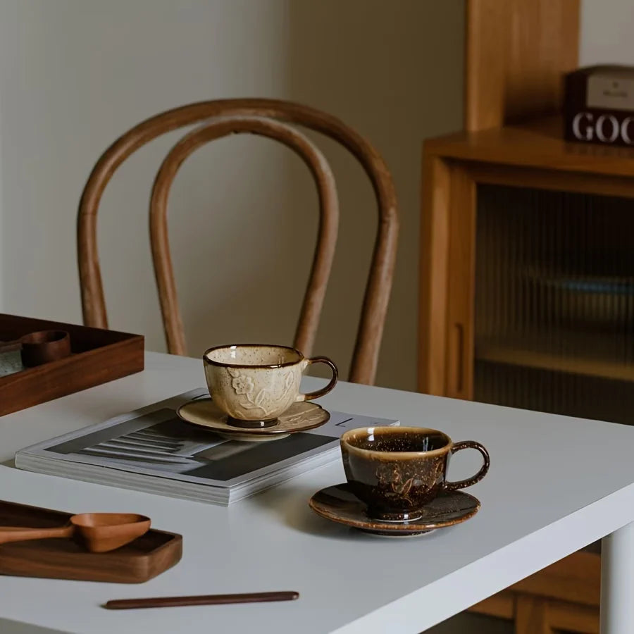 Crop 180ml Ceramic Coffee Cup and Saucer in dark brown and beige sand ceramic finish