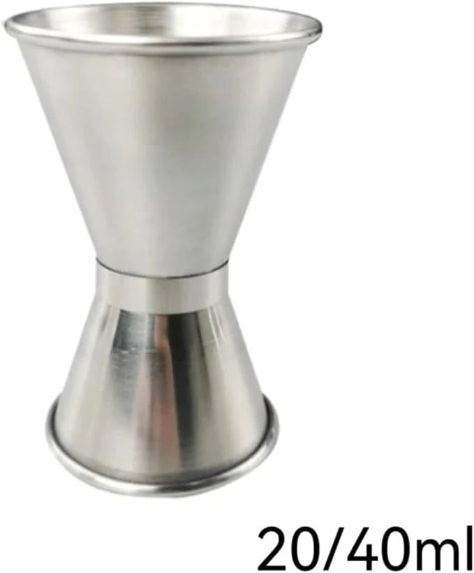 A dual-sided Crop stainless steel cocktail jigger measuring cup with a 20/40ml capacity and rolled edges.