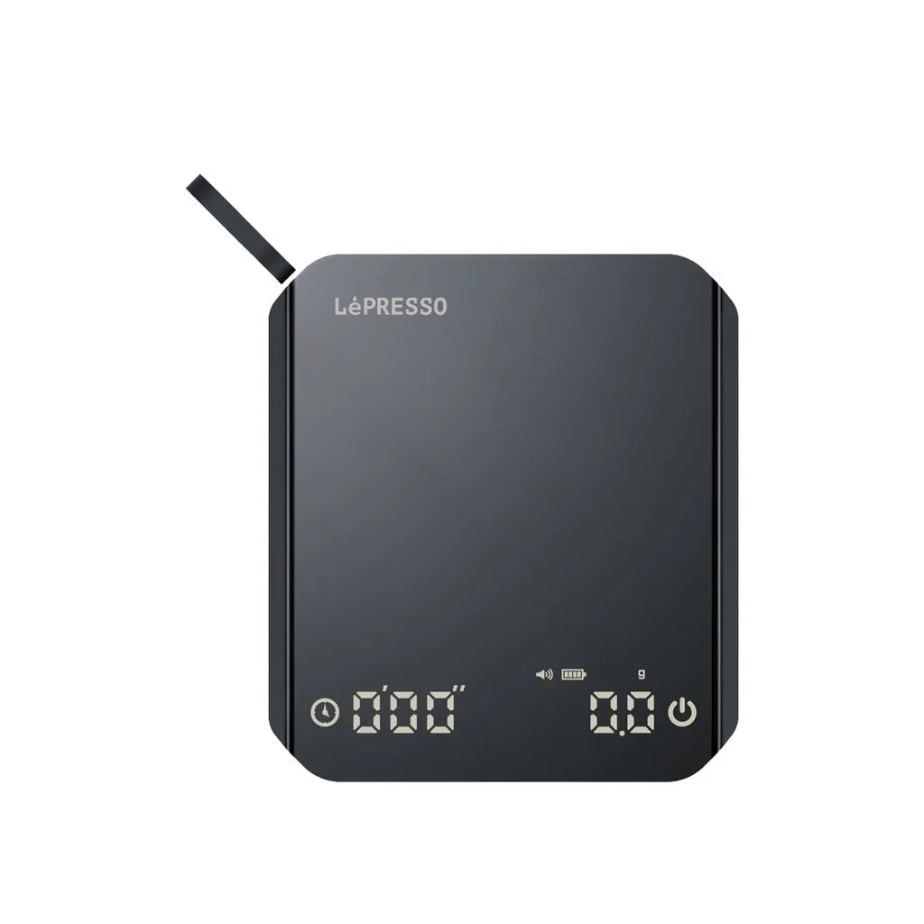 LePresso black digital coffee scale with tare function and auto shut off for pour over brewing