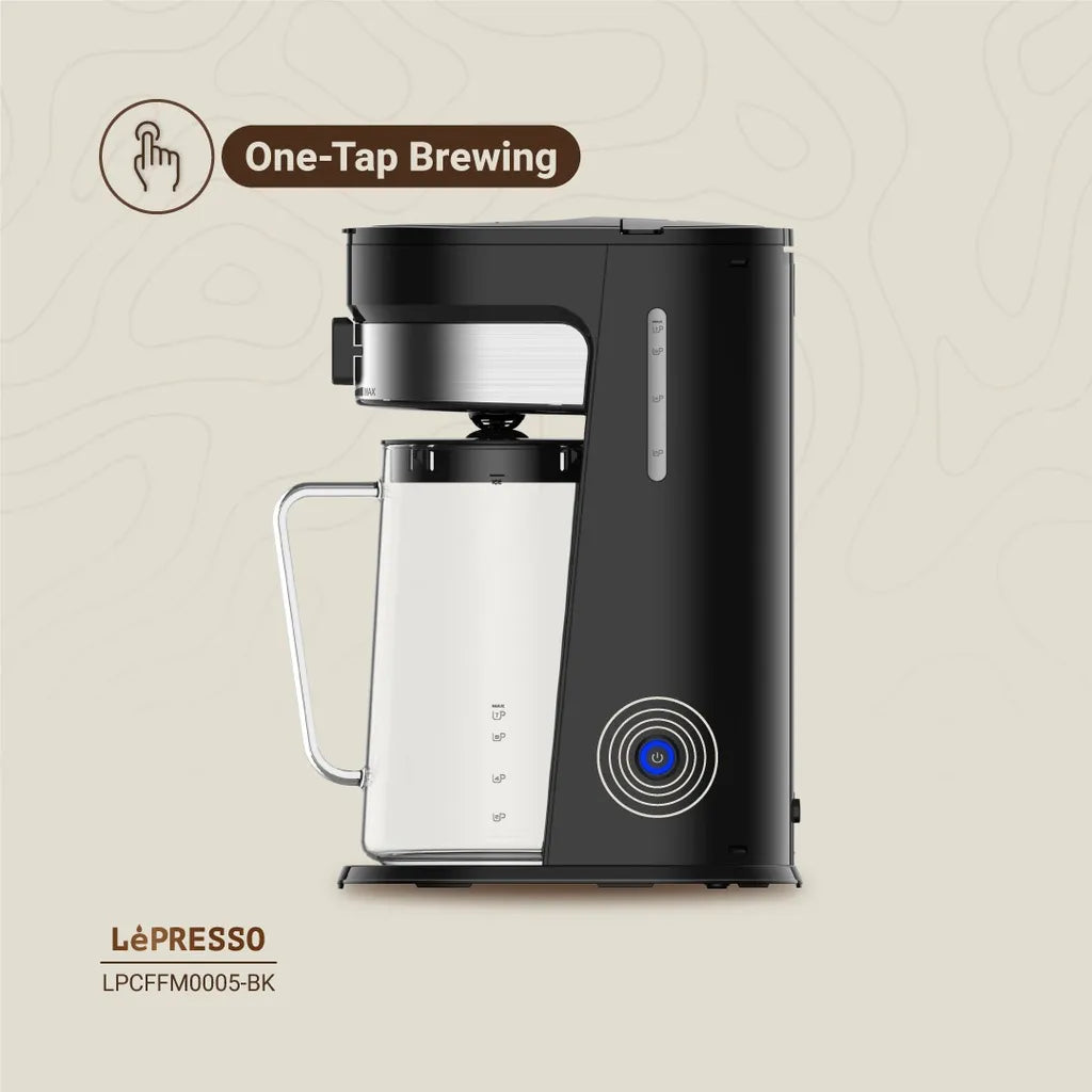 LePresso cold brew machine black detail view showing pitcher capacity and brew strength controls