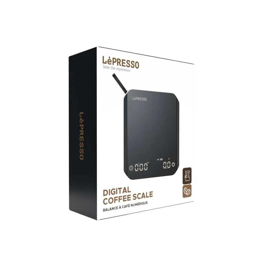 LePresso black digital coffee scale with tare function and auto shut off for pour over brewing