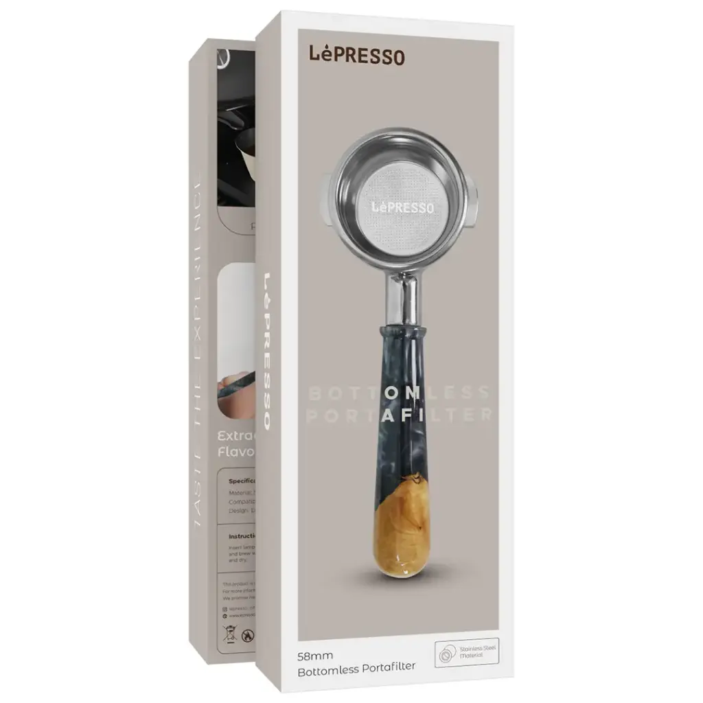 Lepresso 58mm bottomless portafilter with ergonomic wood and stainless steel handle