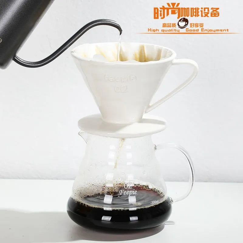 Feepie 01 V60 white ceramic coffee dripper on a wooden brew station