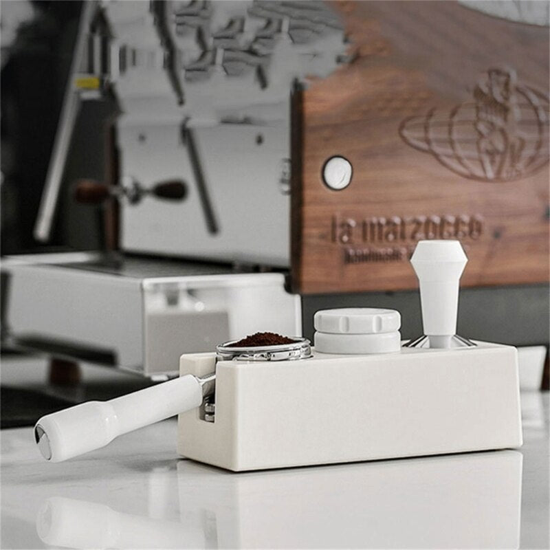 Crop Espresso Tamping Station lifestyle – White, organised coffee station, Crop Cafe
