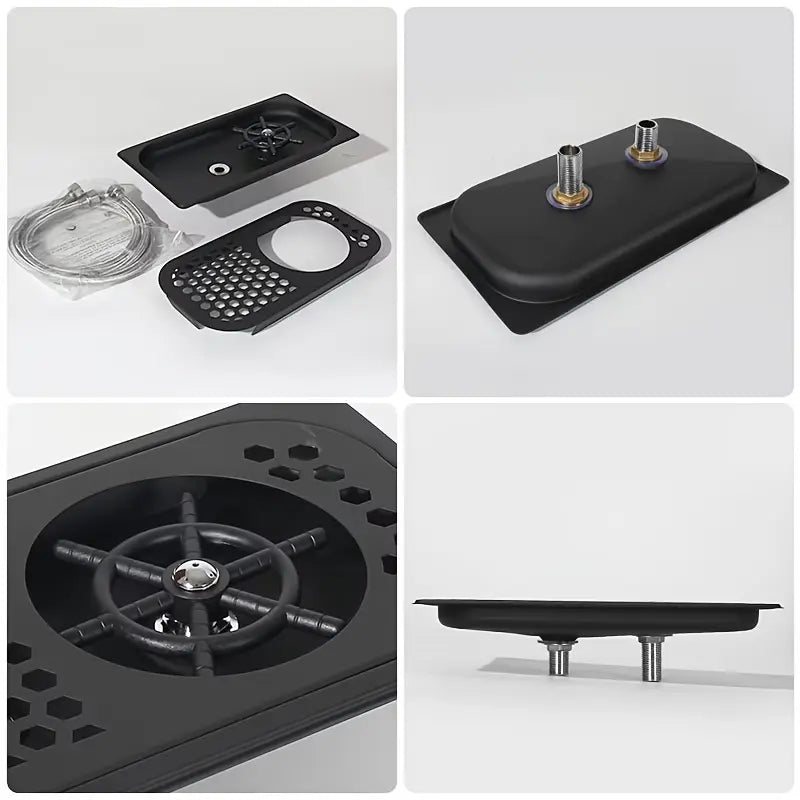Crop Stainless Steel Rinser in matte black with a honeycomb drip tray and glass washer mechanism on a solid white background.