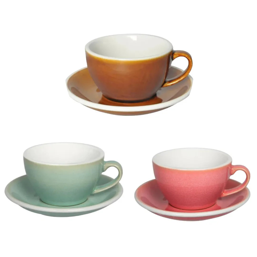 Crop 200ml Ceramic Coffee Cup & Saucer – Berry Pink, Basil Blue, Caramel variants
