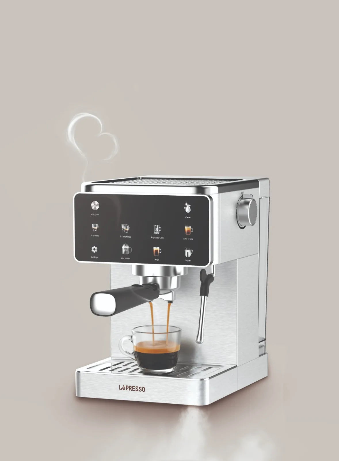 LePresso Macchina Di Lusso stainless steel espresso machine with steam wand and digital interface