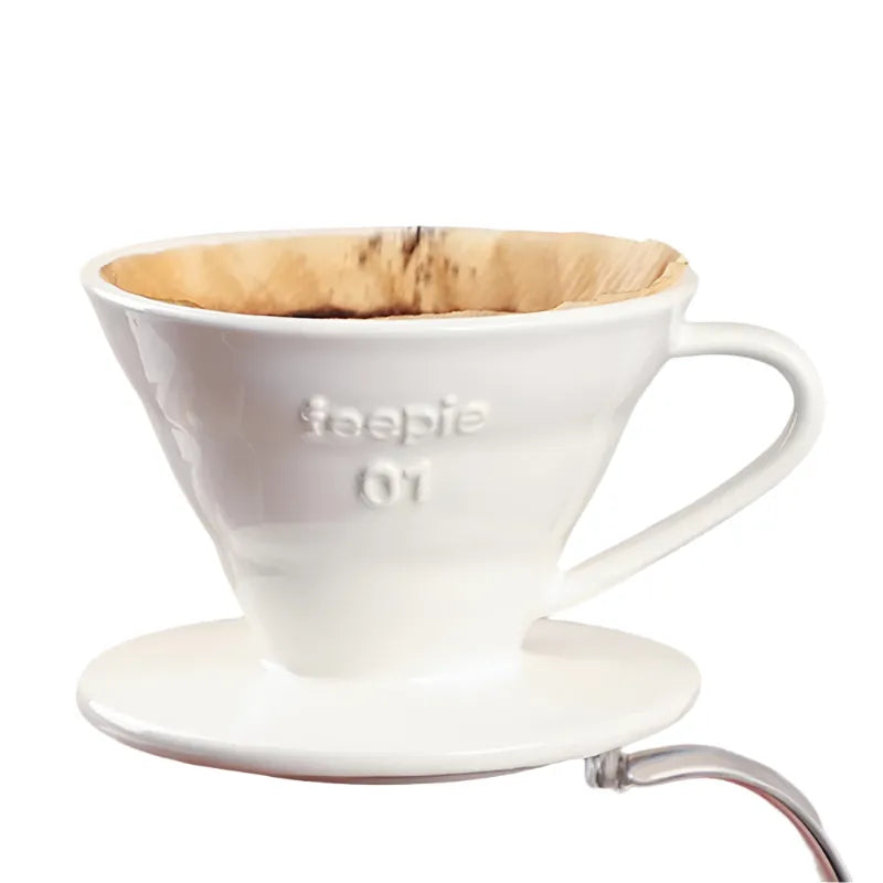 Feepie 01 V60 white ceramic coffee dripper on a wooden brew station