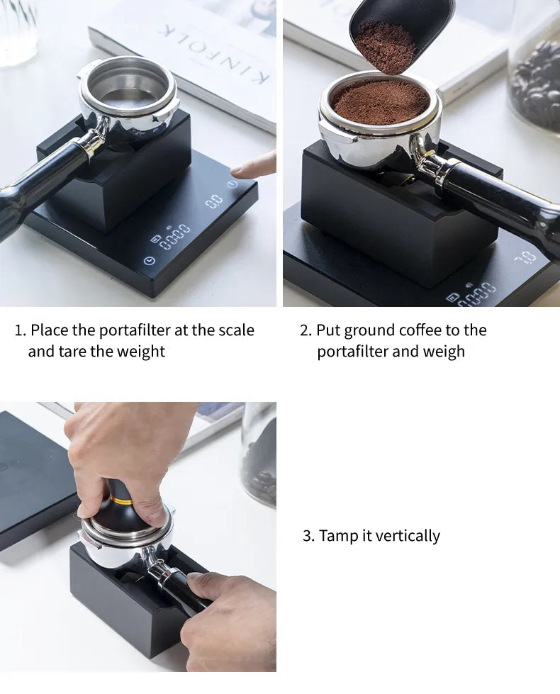 Timemore Magic Cube portafilter stand with 304 stainless steel shell and silicone interior
