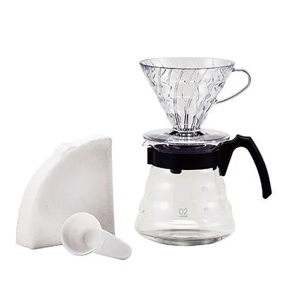 Hario V60 Craft Coffee Maker Set in black with glass pot and dripper, made in Japan