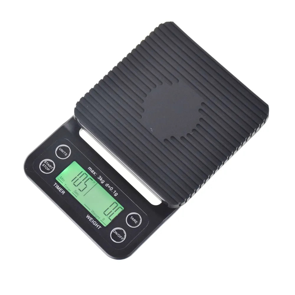 Crop Coffee Scale with Timer – 3KG capacity, 0.1G precision, eco-friendly PP plastic