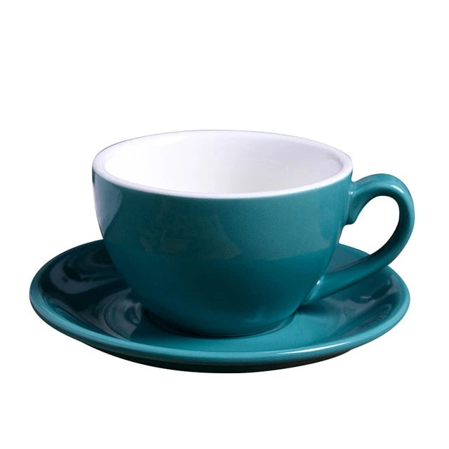 Crop 220ml ceramic coffee cup and saucer for cappuccino available in multiple porcelain color options