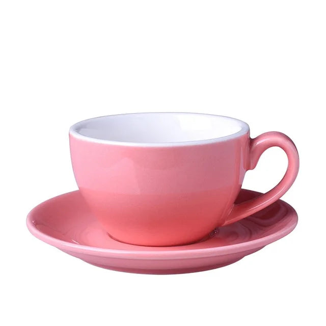 Crop 220ml ceramic coffee cup and saucer for cappuccino available in multiple porcelain color options