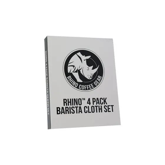 Rhino Coffee Gear barista cloth set 4 pack with brown coffee cloth, blue steam wand cloths and black multipurpose cloth