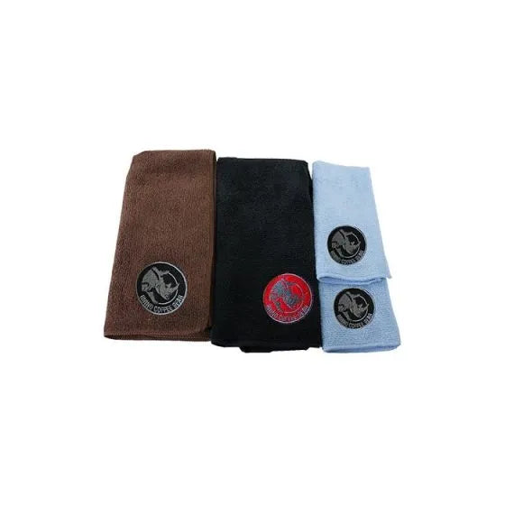 Rhino Coffee Gear barista cloth set 4 pack with brown coffee cloth, blue steam wand cloths and black multipurpose cloth