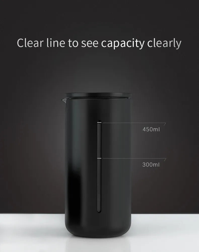 Timemore 450ml U French Press in Black borosilicate glass and stainless steel with food safe silicone plunger