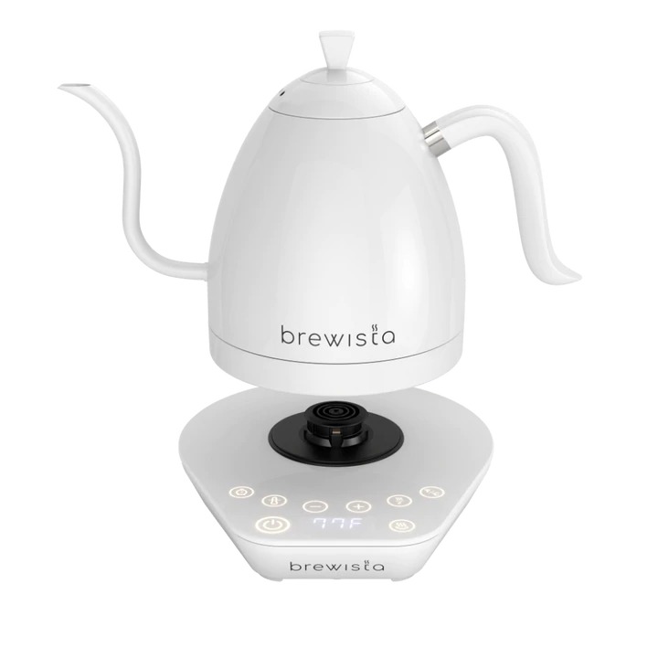 Brewista Artisan Gooseneck Kettle 600ml in white with white base and temperature control LCD display