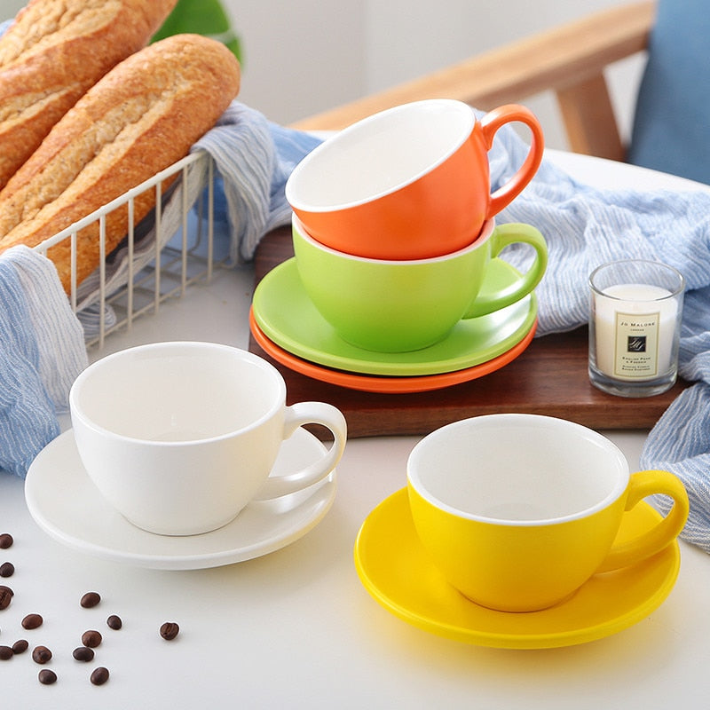 Crop 350ml Different Colors Ceramic Coffee Cup and Saucer for Latte
