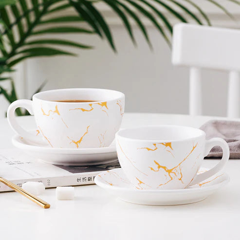 Crop 75-200ml White Gold Ceramic Coffee Cup and Saucer