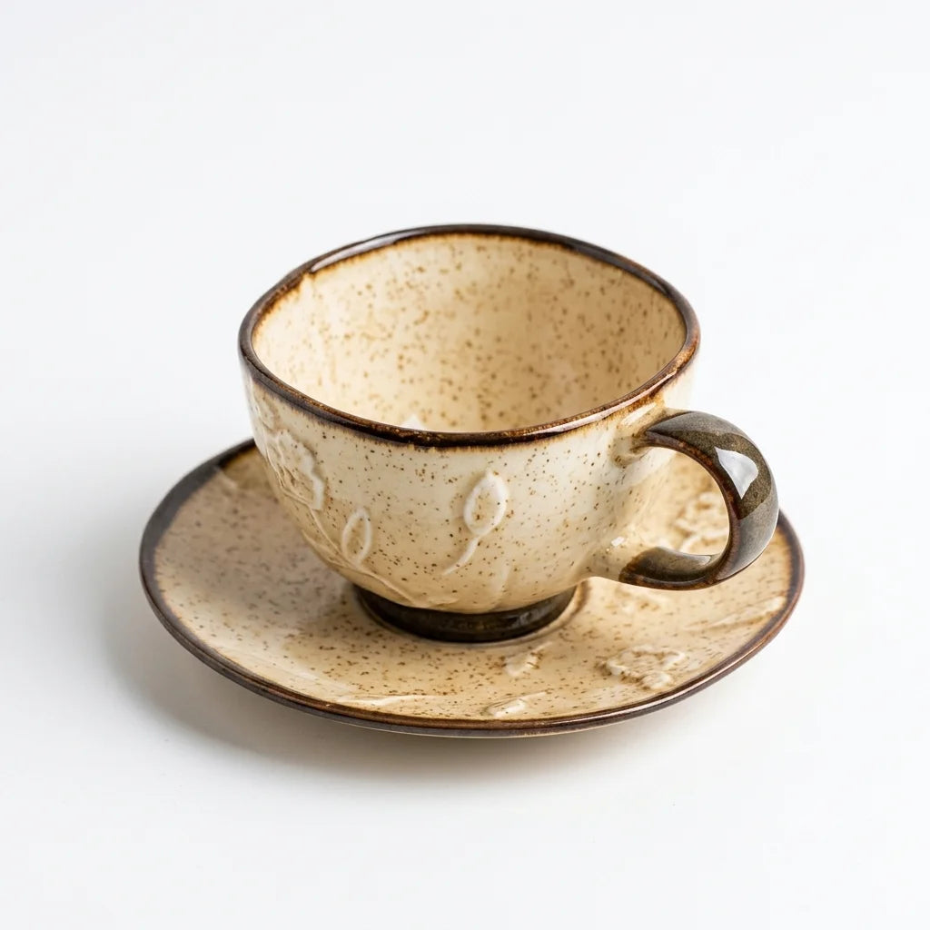 Crop 180ml Ceramic Coffee Cup and Saucer in dark brown and beige sand ceramic finish