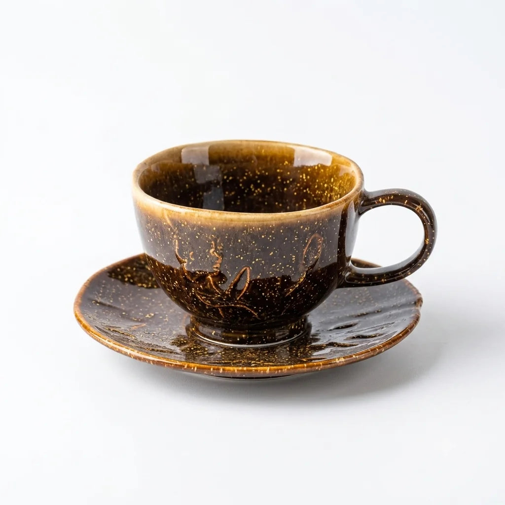 Crop 180ml Ceramic Coffee Cup and Saucer in dark brown and beige sand ceramic finish