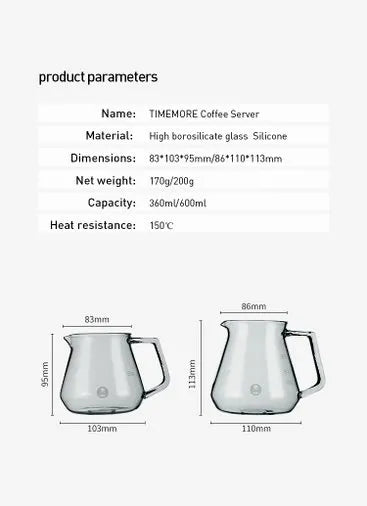 Timemore Coffee Server Transparent Black high borosilicate glass V shaped spout heat resistant handle 360ml 600ml