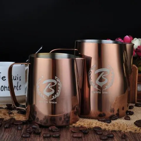 Barista Space Rose Gold 304 stainless steel milk pitcher jug in 350ml and 600ml for latte art and milk frothing / باريستا سبيس إبريق حليب