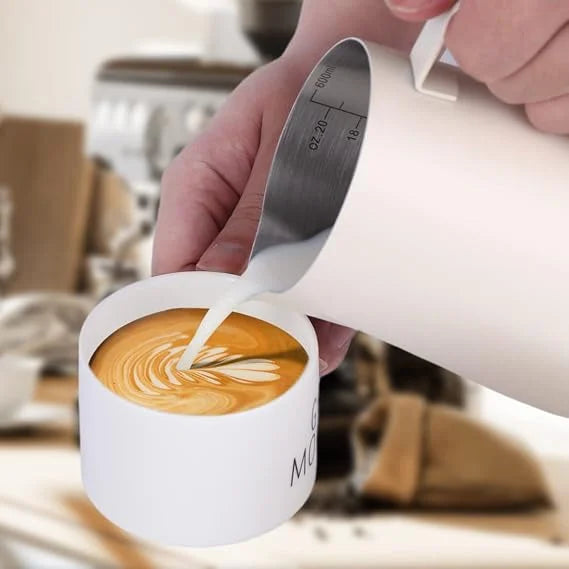 The file Crop_350ml_Stainless_Steel_Milk_Pitcher_White.webp shows a matte white 350ml premium 304 stainless steel coffee milk pitcher featuring an ergonomic handle and a precision pour spout.