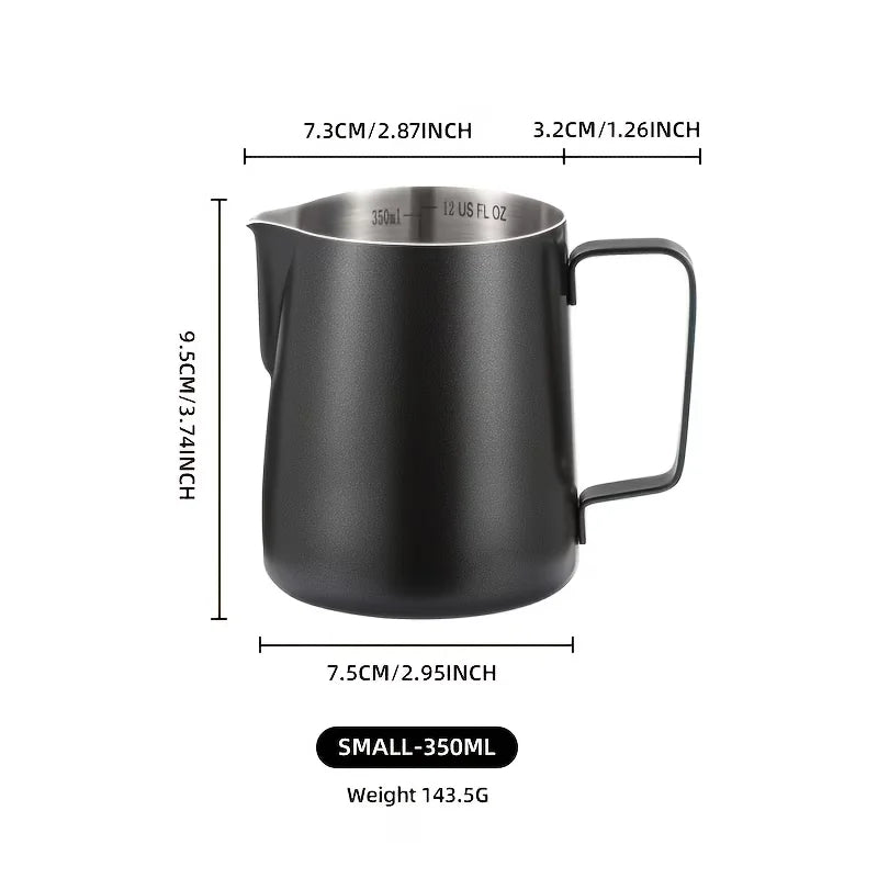 A matte black 350ml premium 304 stainless steel coffee milk pitcher featuring an ergonomic handle and a precision pour spout.