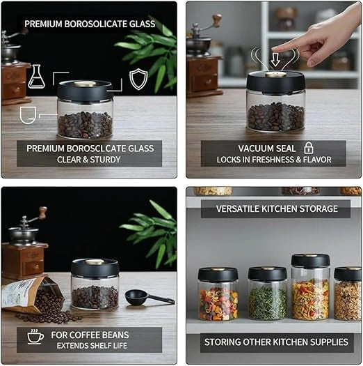An airtight Crop borosilicate glass vacuum container filled with roasted coffee beans, featuring a sleek black lid and a gold vacuum pump button.