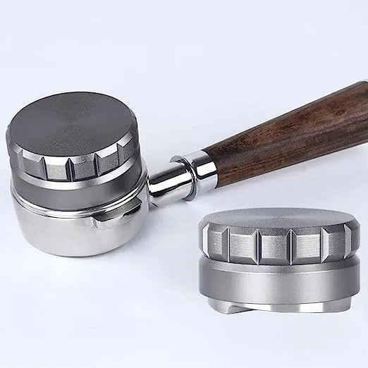 Crop 58mm Coffee Distributor lifestyle – espresso setup, gray, Crop Cafe