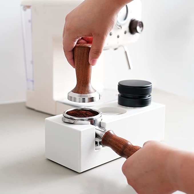 Crop Tamping Station angle view – Black, 51/54/58mm, home barista setup