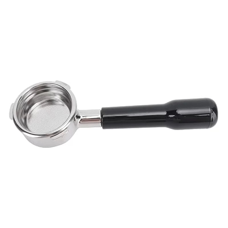 Crop Cafe espresso portafilter with a chrome-finished filter head, stainless steel basket, and sleek black ergonomic handle.