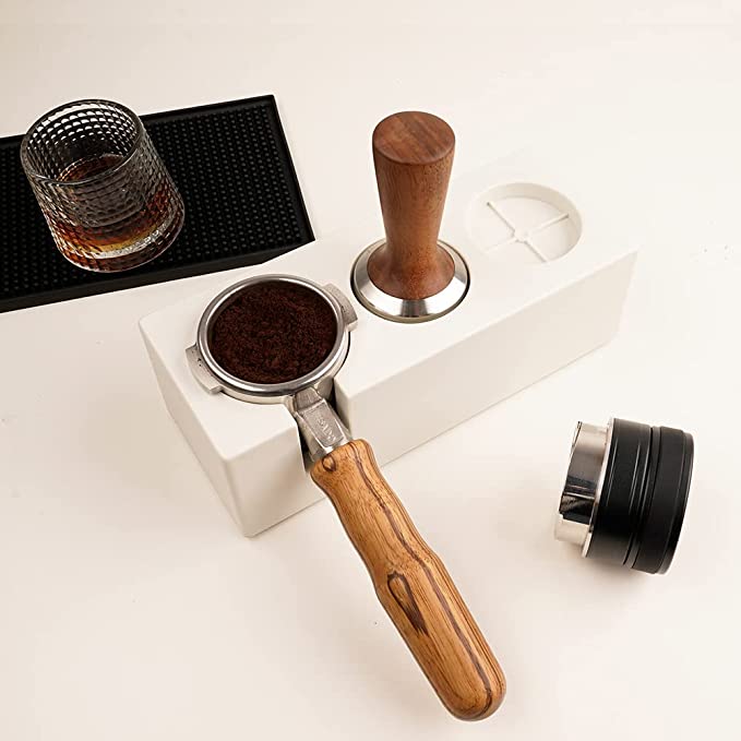 Crop Tamping Station side view – Black, 58mm portafilter, ABS plastic, Crop Cafe