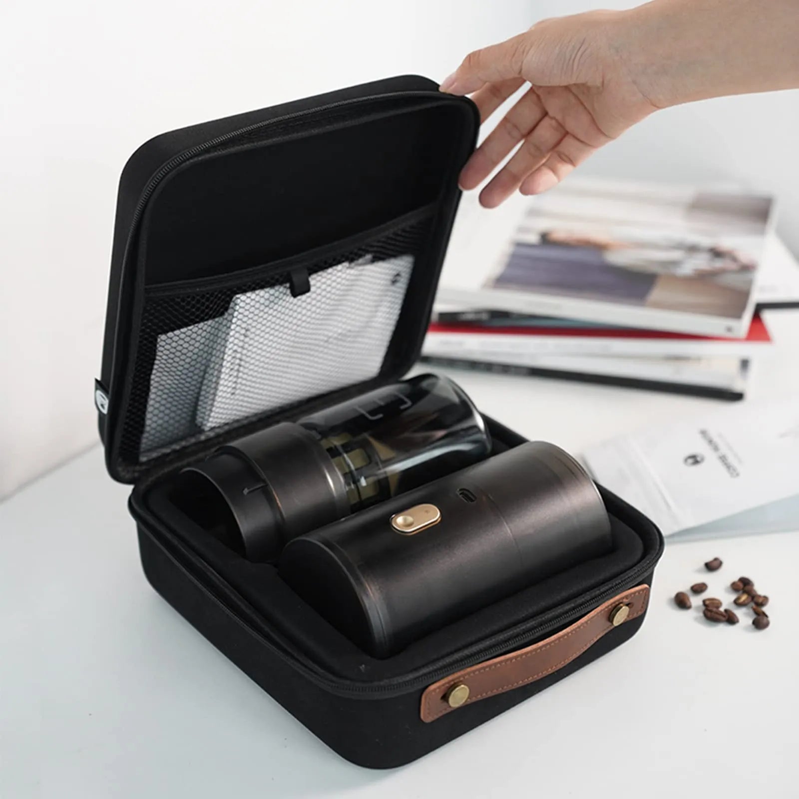 Timemore 123 Go Titanium electric grinder 60g 3 in 1 with glass jar dripper and carry bag black