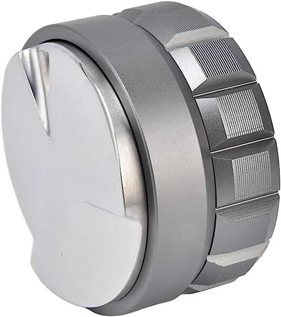 Crop Coffee Distributor side view – 58mm, 304 stainless steel, aluminum handle, gray
