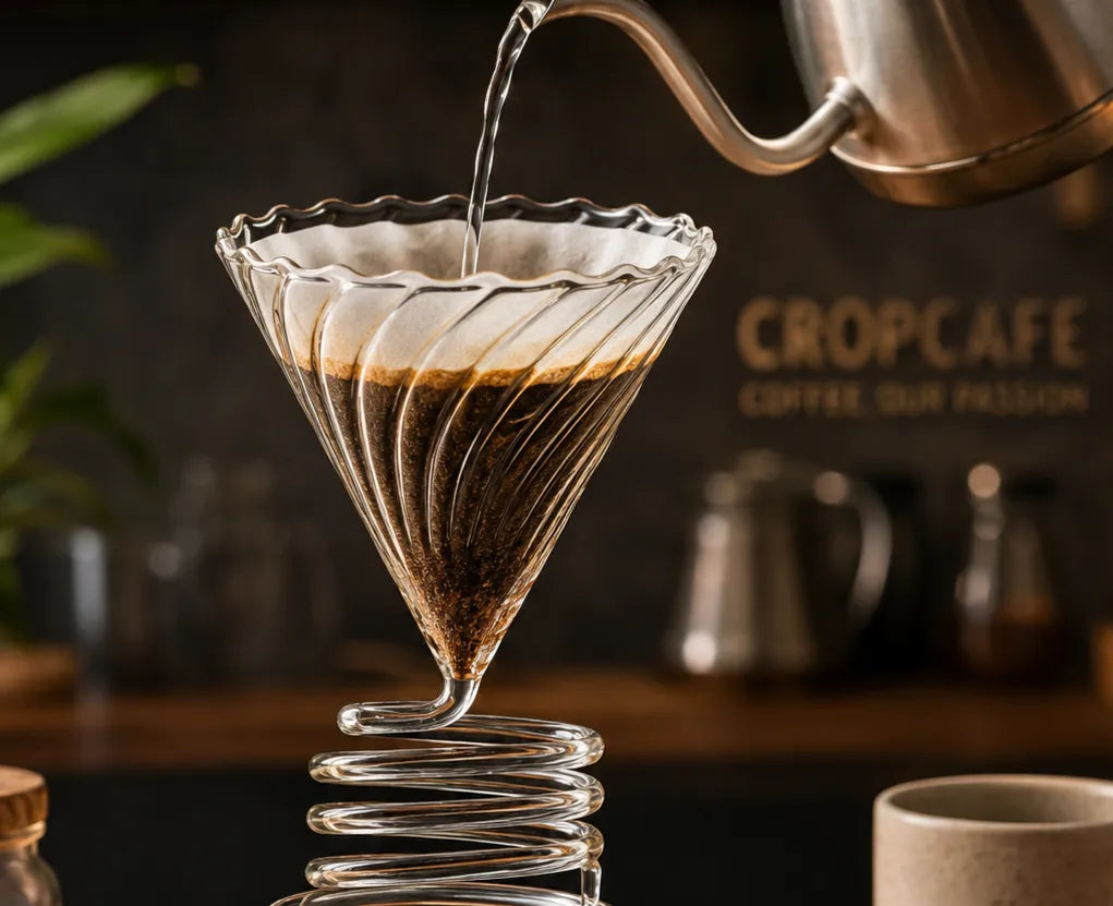 Crop V60 Funnel Dripper top view – heat-resistant glass, easy to clean and reusable