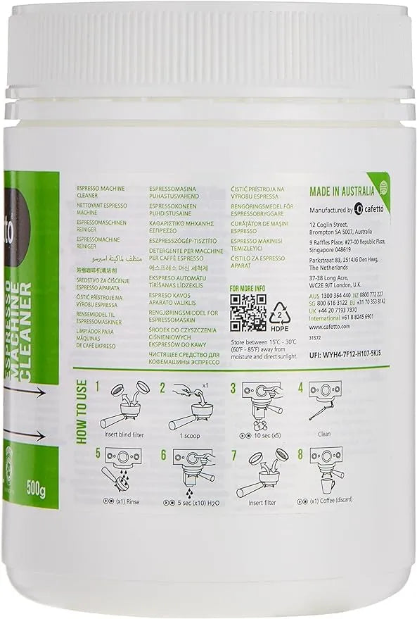 Cafetto EVO Organic Espresso Machine Cleaner 500g powder container for espresso machine maintenance and cleaning