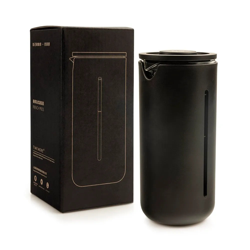 Timemore 450ml U French Press in Black borosilicate glass and stainless steel with food safe silicone plunger