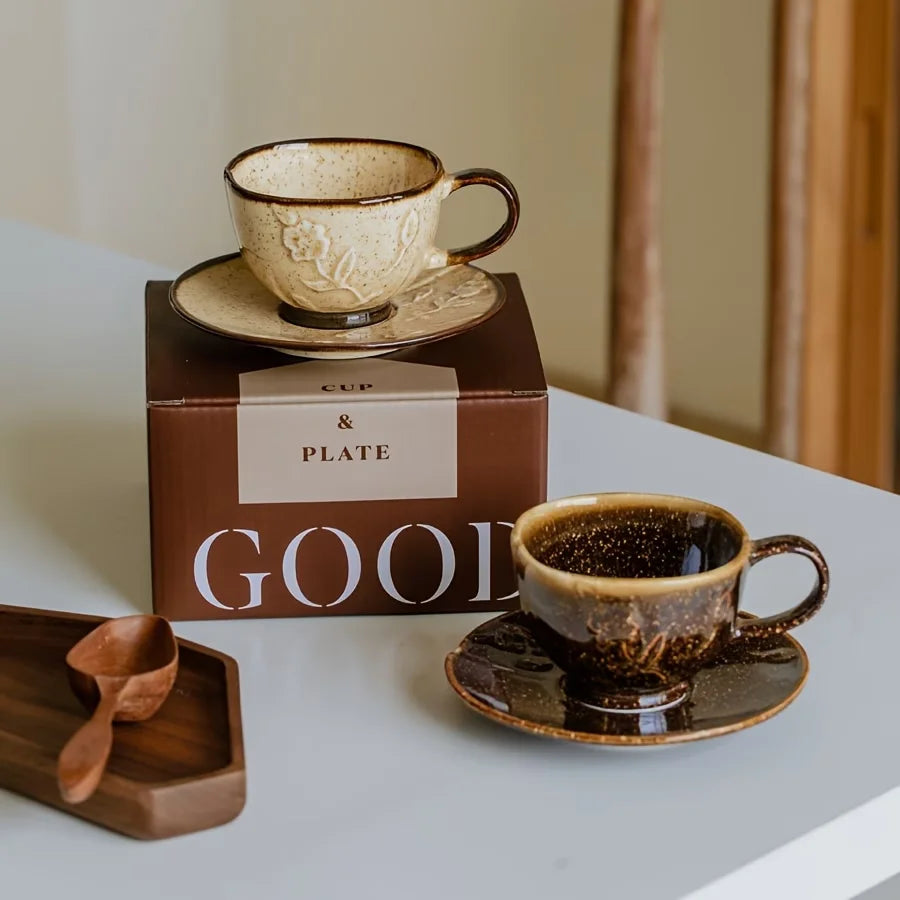 Crop 180ml Ceramic Coffee Cup and Saucer in dark brown and beige sand ceramic finish