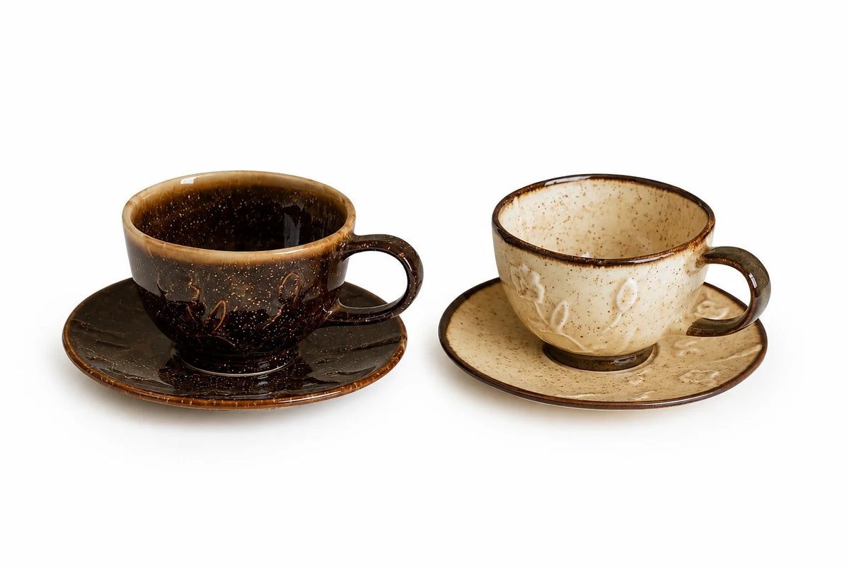 Crop 180ml Ceramic Coffee Cup and Saucer in dark brown and beige sand ceramic finish