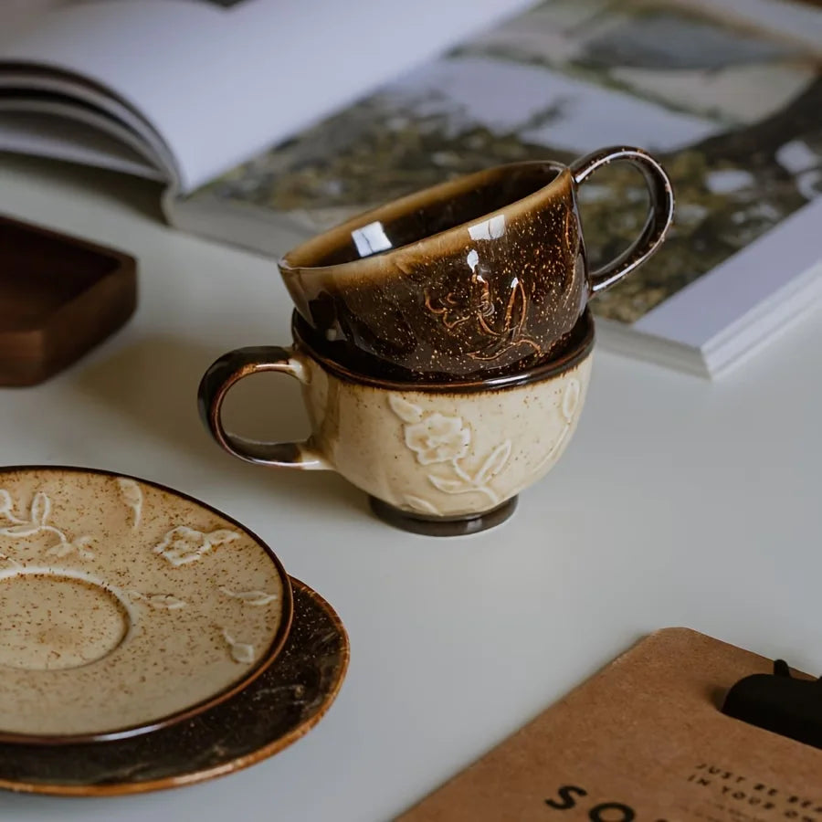 Crop 180ml Ceramic Coffee Cup and Saucer in dark brown and beige sand ceramic finish